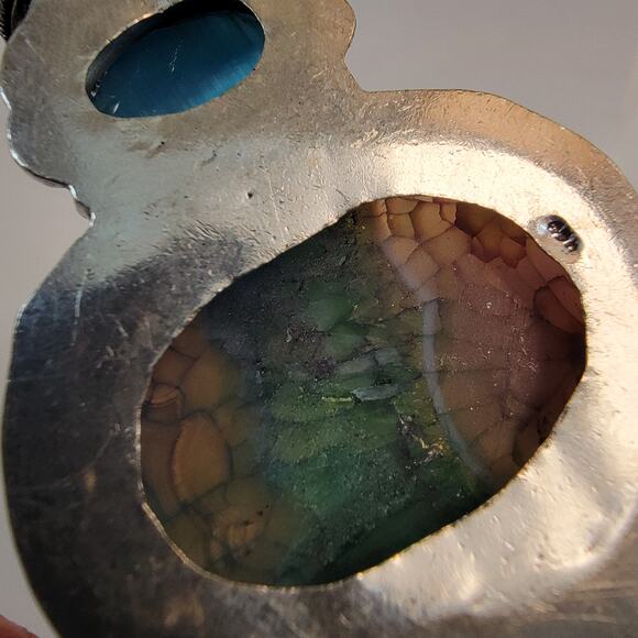 Handmade Rainbow Fluorite and Blue Chalcedony Pendant in Sterling Silver Setting - Picture 9 of 10